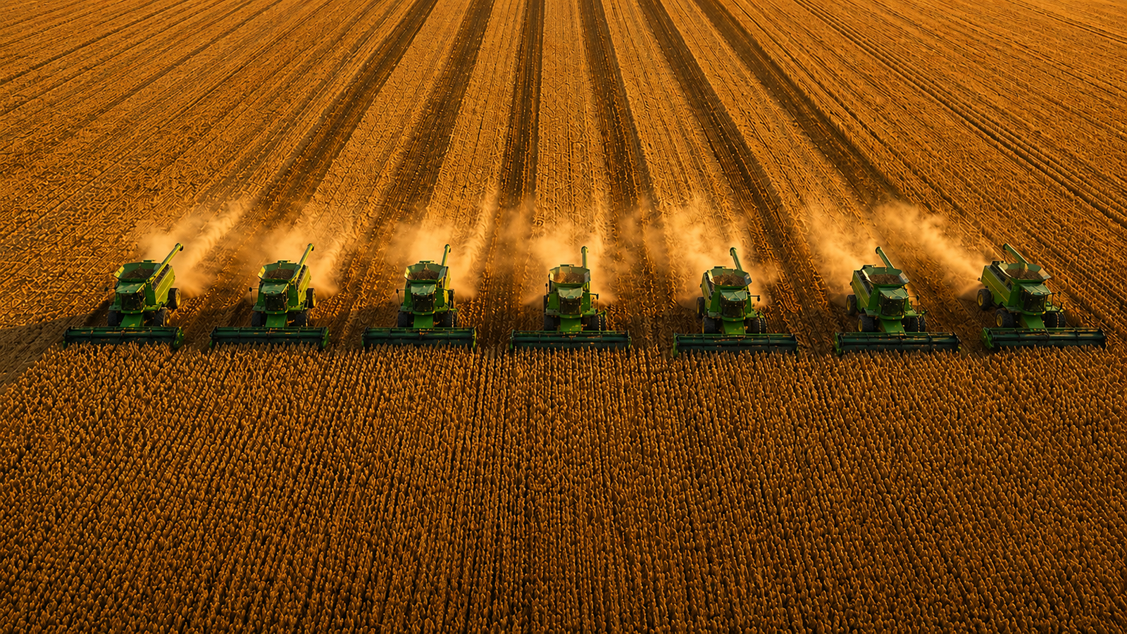 Colheitadeiras trabalhando em paralelo em uma grande área agrícola